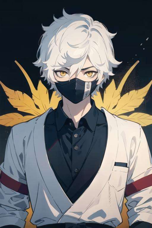 masterpiece, best quality, high quality, 1boy, solo, male focus, looking at viewer, upper body, <lora:gabimaru:0.56>, gabimaru, white hair, yellow eyes, mask, , school uniform