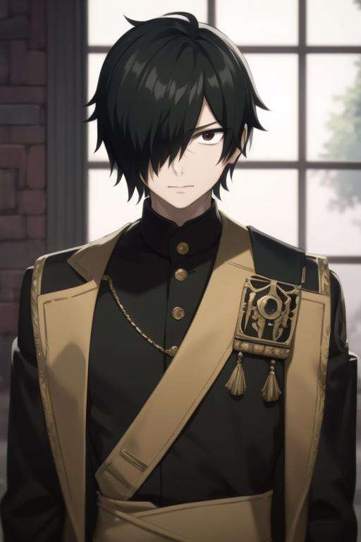 masterpiece, best quality, high quality, 1boy, solo, male focus, looking at viewer, upper body, <lora:rogue_cheney:0.70>, rogue_cheney, black hair, hair over one eye