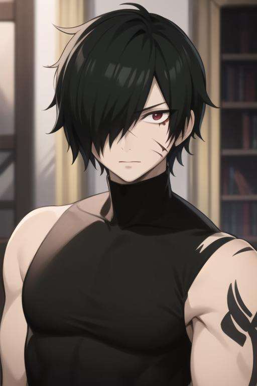 masterpiece, best quality, high quality, 1boy, solo, male focus, looking at viewer, upper body, <lora:rogue_cheney:0.70>, rogue_cheney, black hair, hair_over_one_eye, scar