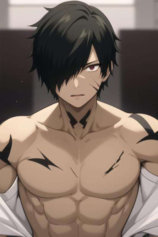 masterpiece, best quality, high quality, 1boy, solo, male focus, looking at viewer, upper body, <lora:rogue_cheney:0.70>, rogue_cheney, black hair, hair_over_one_eye, scar