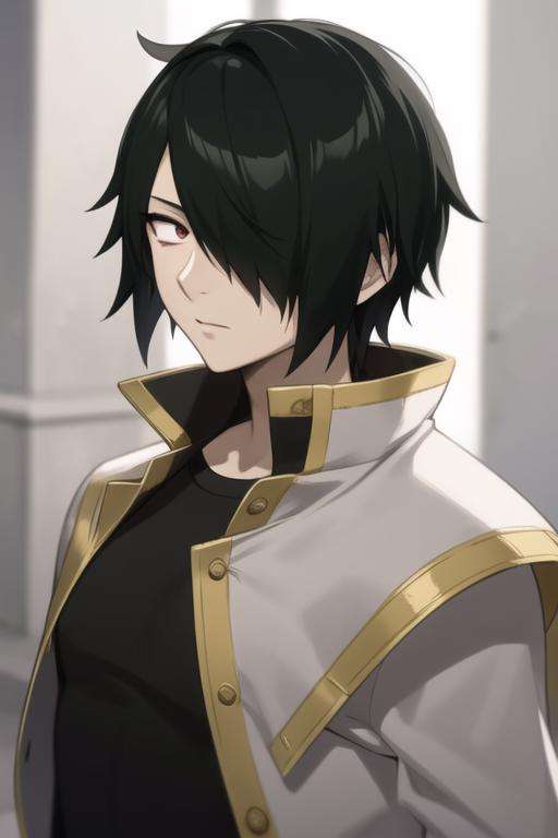 masterpiece, best quality, high quality, 1boy, solo, male focus, looking at viewer, upper body, <lora:rogue_cheney:0.70>, rogue_cheney, black hair, hair over one eye