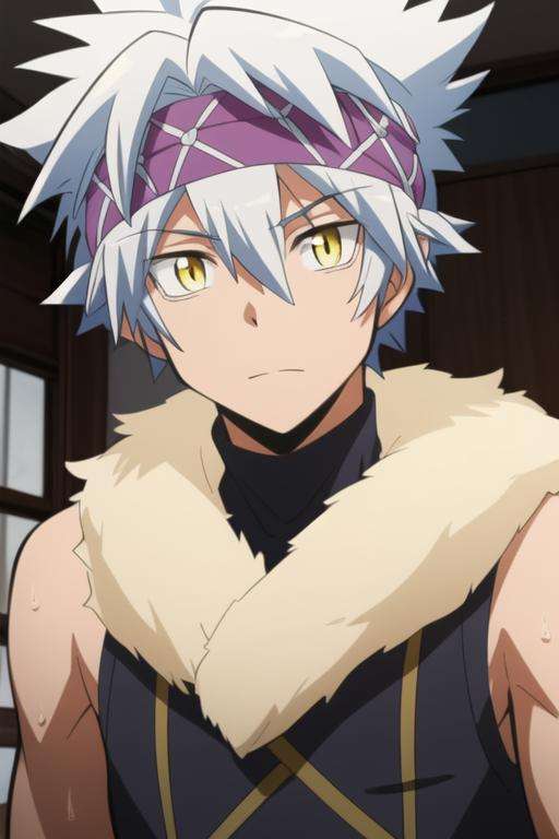 masterpiece, best quality, high quality, 1boy, solo, male focus, looking at viewer, upper body, <lora:horibe_itona:0.84>, horibe_itona, yellow eyes, white hair, headband, spiked hair, hair between eyes, fur trim