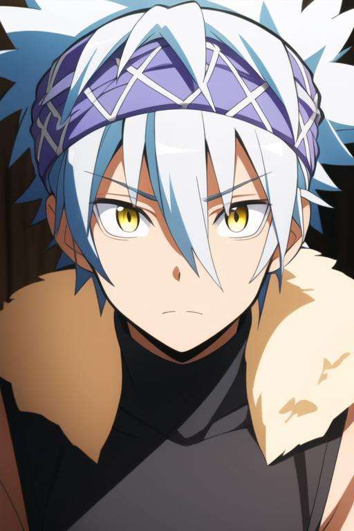 masterpiece, best quality, high quality, 1boy, solo, male focus, looking at viewer, upper body, <lora:horibe_itona:0.78>, horibe_itona, yellow eyes, white hair, headband, spiked hair, hair between eyes, fur trim