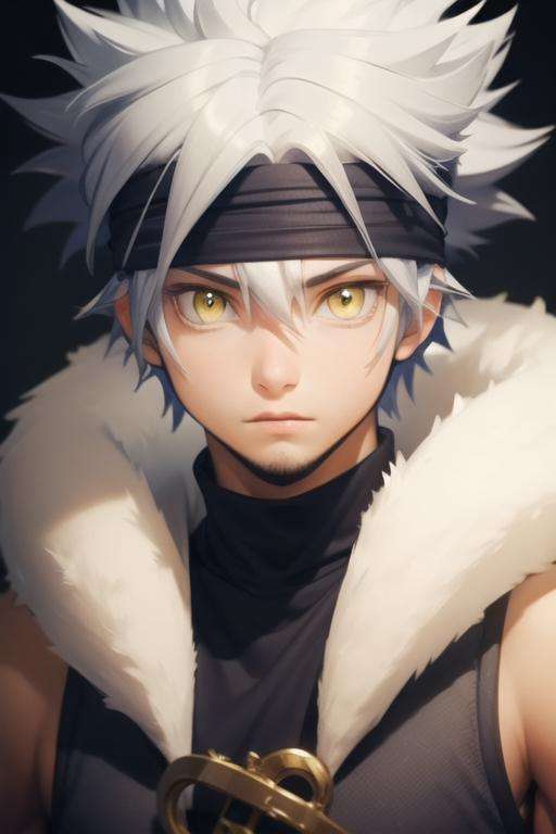 masterpiece, best quality, high quality, 1boy, solo, male focus, looking at viewer, upper body, <lora:horibe_itona:0.74>, horibe_itona, yellow eyes, white hair, headband, spiked hair, hair between eyes, fur trim