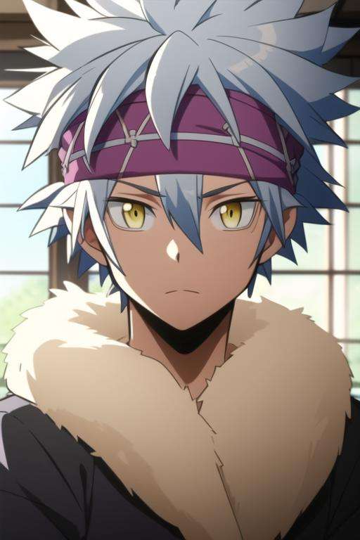 masterpiece, best quality, high quality, 1boy, solo, male focus, looking at viewer, upper body, <lora:horibe_itona:0.84>, horibe_itona, yellow eyes, white hair, headband, spiked hair, hair between eyes, fur trim