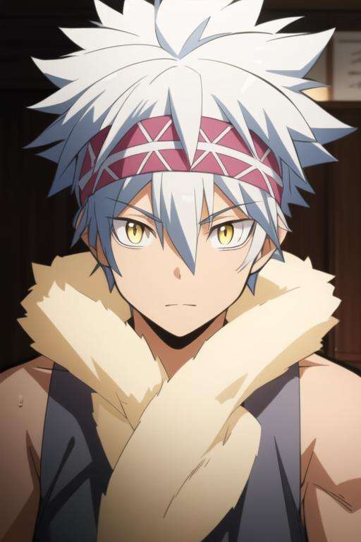 masterpiece, best quality, high quality, 1boy, solo, male focus, looking at viewer, upper body, <lora:horibe_itona:0.78>, horibe_itona, yellow eyes, white hair, headband, spiked hair, hair between eyes, fur trim