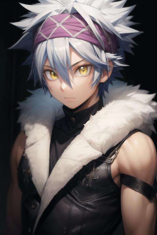 masterpiece, best quality, high quality, 1boy, solo, male focus, looking at viewer, upper body, <lora:horibe_itona:0.82>, horibe_itona, yellow eyes, white hair, headband, spiked hair, hair between eyes, fur trim