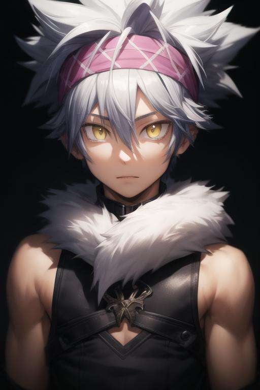 masterpiece, best quality, high quality, 1boy, solo, male focus, looking at viewer, upper body, <lora:horibe_itona:0.70>, horibe_itona, yellow eyes, white hair, headband, spiked hair, hair between eyes, fur trim