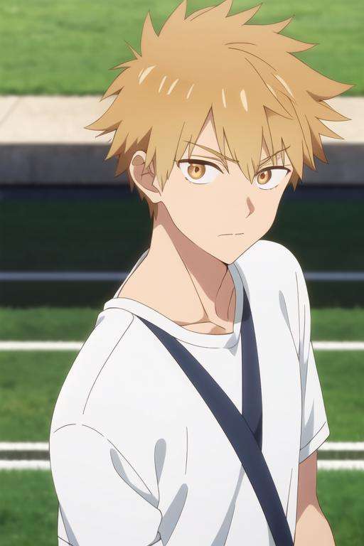 masterpiece, best quality, high quality, 1boy, solo, male focus, looking at viewer, upper body, <lora:shuu_inuzuka:0.60>, shuu_inuzuka, blonde hair, orange eyes, , sportswear