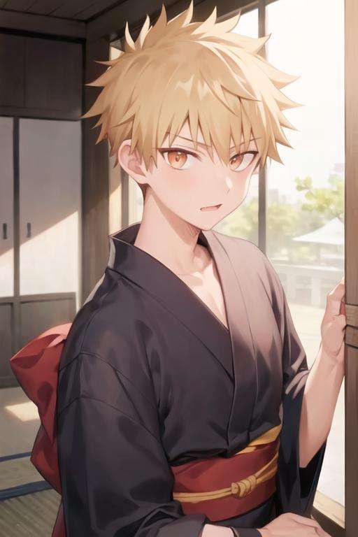 masterpiece, best quality, high quality, 1boy, solo, male focus, looking at viewer, upper body, <lora:shuu_inuzuka:0.52>, shuu_inuzuka, spiked hair, light brown hair, orange eyes, , yukata