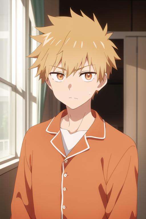 masterpiece, best quality, high quality, 1boy, solo, male focus, looking at viewer, upper body, <lora:shuu_inuzuka:0.70>, shuu_inuzuka, blonde hair, orange eyes, , pajamas