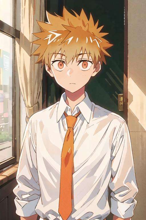 masterpiece, best quality, high quality, 1boy, solo, male focus, looking at viewer, upper body, <lora:shuu_inuzuka:0.72>, shuu_inuzuka, spiked hair, light brown hair, orange eyes, , formal, necktie, dress shirt