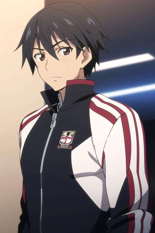 masterpiece, best quality, high quality, 1boy, solo, male focus, looking at viewer, upper body, <lora:ichika_orimura:0.66>, ichika_orimura, black hair, brown eyes, , track suit