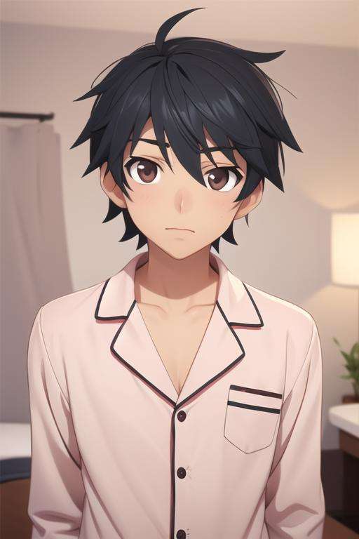 masterpiece, best quality, high quality, 1boy, solo, male focus, looking at viewer, upper body, <lora:ichika_orimura:0.60>, ichika_orimura, black hair, brown eyes, , pajamas