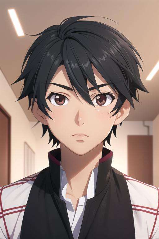 masterpiece, best quality, high quality, 1boy, solo, male focus, looking at viewer, upper body, <lora:ichika_orimura:0.54>, ichika_orimura, black hair, brown eyes, ,