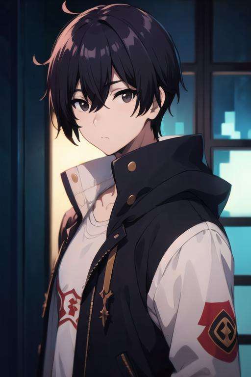 masterpiece, best quality, high quality, 1boy, solo, male focus, looking at viewer, upper body, <lora:cid_kagenou:0.68>, cid_kagenou, black hair, black eyes, hair between eyes, , hoodie