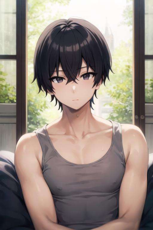 masterpiece, best quality, high quality, 1boy, solo, male focus, looking at viewer, upper body, <lora:cid_kagenou:0.52>, cid_kagenou, black hair, black eyes, hair between eyes, , tank top