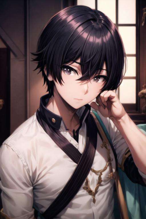 masterpiece, best quality, high quality, 1boy, solo, male focus, looking at viewer, upper body, <lora:cid_kagenou:0.78>, cid_kagenou, black hair, black eyes, hair between eyes, ,