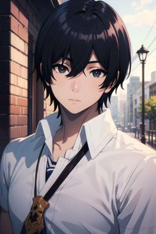 masterpiece, best quality, high quality, 1boy, solo, male focus, looking at viewer, upper body, <lora:cid_kagenou:0.70>, cid_kagenou, black hair, black eyes, hair between eyes, realistic, school uniform