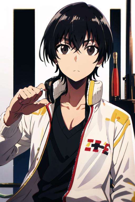 masterpiece, best quality, high quality, 1boy, solo, male focus, looking at viewer, upper body, <lora:cid_kagenou:0.70>, cid_kagenou, black hair, black eyes, hair between eyes, , track suit