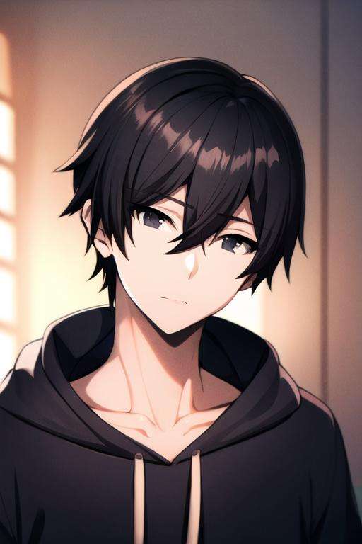 masterpiece, best quality, high quality, 1boy, solo, male focus, looking at viewer, upper body, <lora:cid_kagenou:0.58>, cid_kagenou, black hair, black eyes, hair between eyes, , hoodie