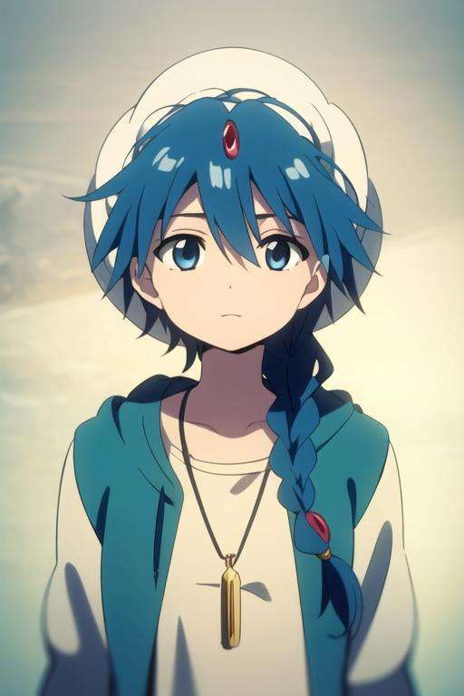 masterpiece, best quality, high quality, 1boy, solo, male focus, looking at viewer, upper body, <lora:aladdin_magi:0.64>, aladdin_magi, blue hair, braid, long hair, blue eyes, jewelry, single braid, hat, hoodie