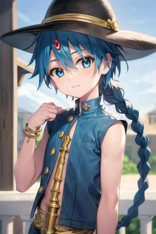 masterpiece, best quality, high quality, 1boy, solo, male focus, looking at viewer, upper body, <lora:aladdin_magi:0.70>, aladdin_magi, blue hair, braid, long hair, blue eyes, jewelry, single braid, hat, gakuran