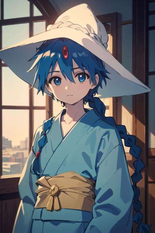 masterpiece, best quality, high quality, 1boy, solo, male focus, looking at viewer, upper body, <lora:aladdin_magi:0.76>, aladdin_magi, blue hair, braid, long hair, blue eyes, jewelry, single braid, hat, yukata