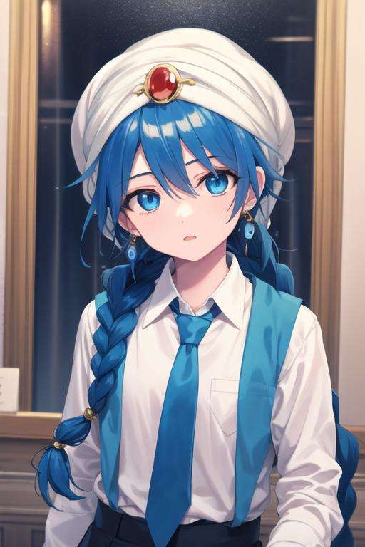 masterpiece, best quality, high quality, 1boy, solo, male focus, looking at viewer, upper body, <lora:aladdin_magi:0.56>, aladdin_magi, blue hair, braid, long hair, blue eyes, jewelry, , turban, formal, necktie, dress shirt