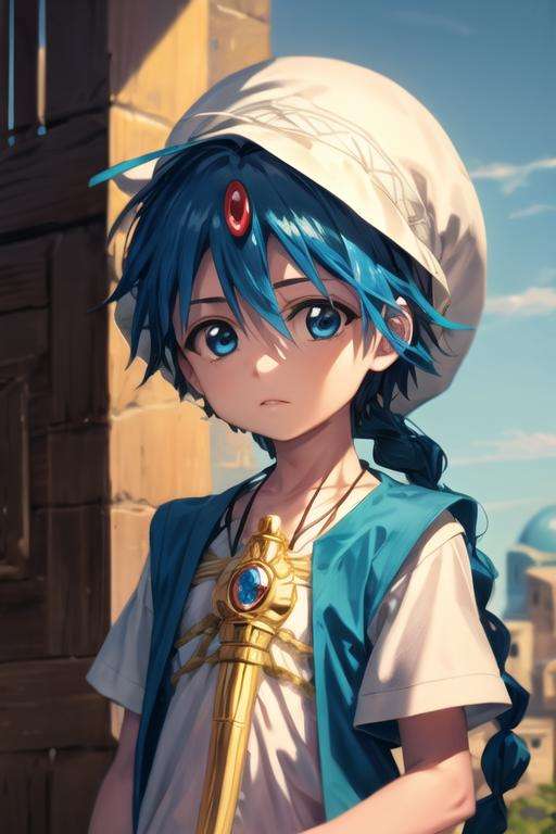 masterpiece, best quality, high quality, 1boy, solo, male focus, looking at viewer, upper body, <lora:aladdin_magi:0.78>, aladdin_magi, blue hair, braid, long hair, blue eyes, jewelry, , hat,