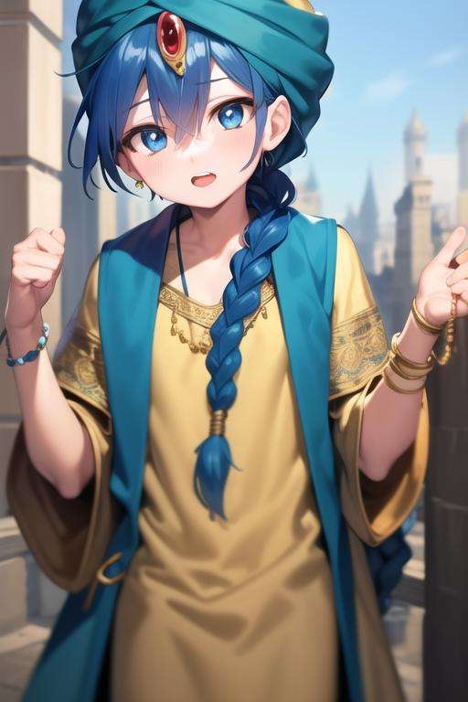 masterpiece, best quality, high quality, 1boy, solo, male focus, looking at viewer, upper body, <lora:aladdin_magi:0.54>, aladdin_magi, blue hair, braid, long hair, blue eyes, jewelry, single braid, turban, coat