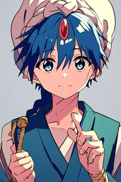 masterpiece, best quality, high quality, 1boy, solo, male focus, looking at viewer, upper body, <lora:aladdin_magi:0.72>, aladdin_magi, blue hair, braid, long hair, blue eyes, jewelry, single braid, turban, yukata