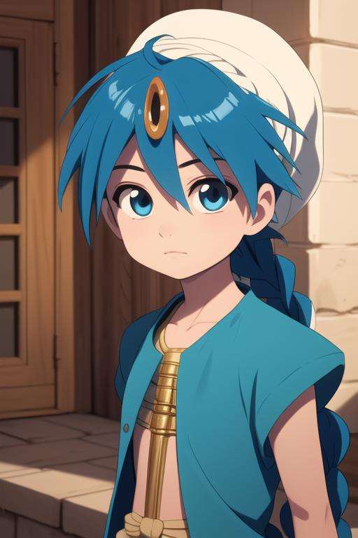 masterpiece, best quality, high quality, 1boy, solo, male focus, looking at viewer, upper body, <lora:aladdin_magi:0.66>, aladdin_magi, blue hair, braid, long hair, blue eyes, jewelry, single braid, turban,