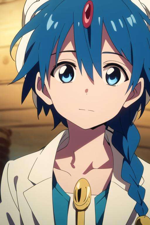 masterpiece, best quality, high quality, 1boy, solo, male focus, looking at viewer, upper body, <lora:aladdin_magi:0.76>, aladdin_magi, blue hair, braid, long hair, blue eyes, jewelry, , turban, jacket