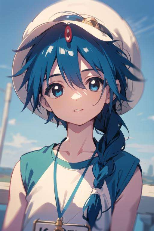 masterpiece, best quality, high quality, 1boy, solo, male focus, looking at viewer, upper body, <lora:aladdin_magi:0.72>, aladdin_magi, blue hair, braid, long hair, blue eyes, jewelry, single braid, hat, sportswear