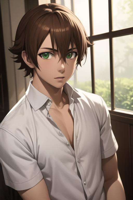 masterpiece, best quality, high quality, 1boy, solo, male focus, looking at viewer, upper body, <lora:tatsumi:0.70>, tatsumi, brown hair, green eyes, <lora:Realism-10:0.25>, Realism