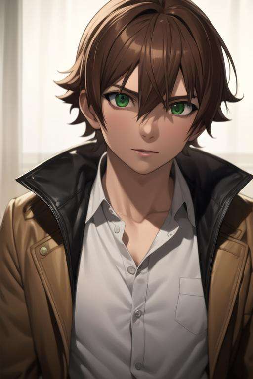 masterpiece, best quality, high quality, 1boy, solo, male focus, looking at viewer, upper body, <lora:tatsumi:0.74>, tatsumi, brown hair, green eyes, <lora:Realism-10:0.15>, Realism