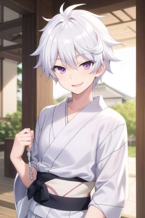 masterpiece, best quality, high quality, 1boy, solo, male focus, looking at viewer, upper body, <lora:ende:0.64>, ende, white hair, purple eyes, , yukata