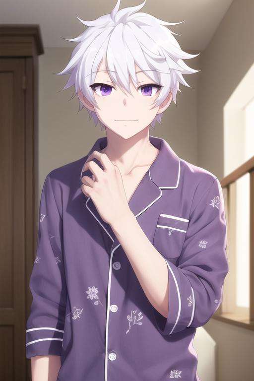 masterpiece, best quality, high quality, 1boy, solo, male focus, looking at viewer, upper body, <lora:ende:0.62>, ende, white hair, purple eyes, , pajamas