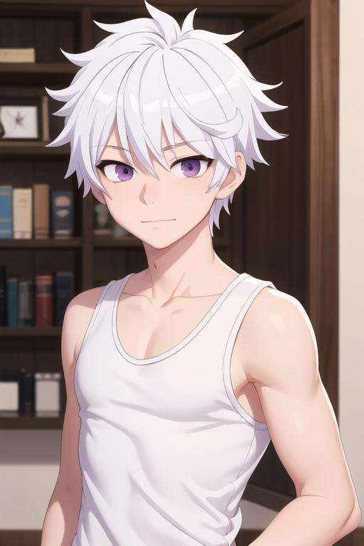 masterpiece, best quality, high quality, 1boy, solo, male focus, looking at viewer, upper body, <lora:ende:0.56>, ende, white hair, purple eyes, , tank top