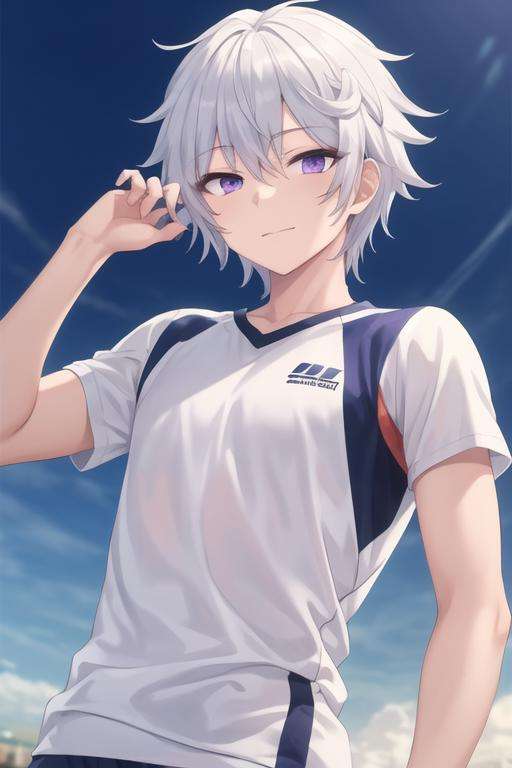 masterpiece, best quality, high quality, 1boy, solo, male focus, looking at viewer, upper body, <lora:ende:0.60>, ende, white hair, purple eyes, , sportswear