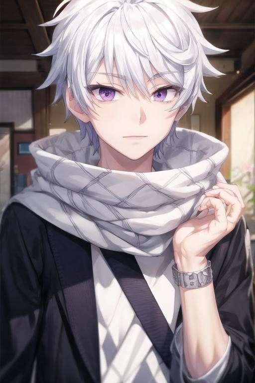 masterpiece, best quality, high quality, 1boy, solo, male focus, looking at viewer, upper body, <lora:ende:0.64>, ende, white hair, purple eyes, ,