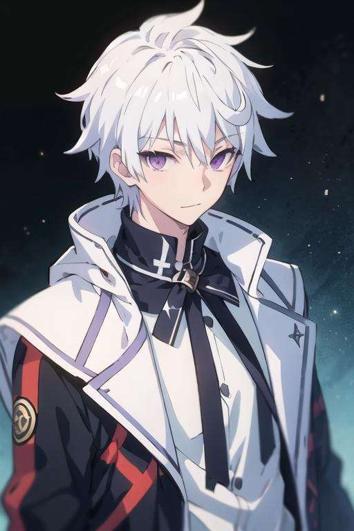 masterpiece, best quality, high quality, 1boy, solo, male focus, looking at viewer, upper body, <lora:ende:0.52>, ende, white hair, purple eyes, , jacket