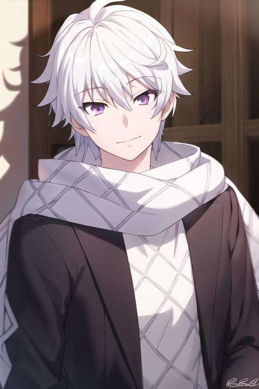 masterpiece, best quality, high quality, 1boy, solo, male focus, looking at viewer, upper body, <lora:ende:0.72>, ende, white hair, purple eyes, realistic, coat