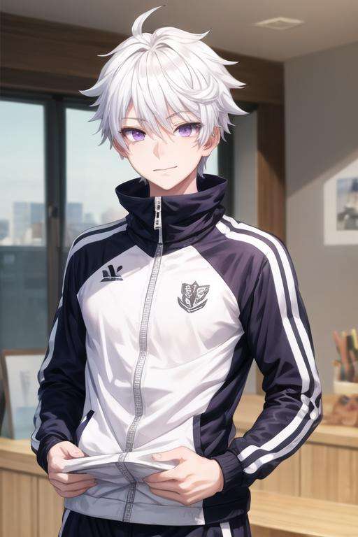 masterpiece, best quality, high quality, 1boy, solo, male focus, looking at viewer, upper body, <lora:ende:0.62>, ende, white hair, purple eyes, , track suit