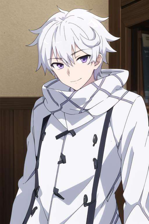 masterpiece, best quality, high quality, 1boy, solo, male focus, looking at viewer, upper body, <lora:ende:0.66>, ende, white hair, purple eyes, , coat