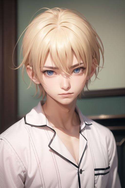 masterpiece, best quality, high quality, 1boy, solo, male focus, looking at viewer, upper body, <lora:yuuto_kiba:0.62>, yuuto_kiba, blonde hair, blue eyes, hair between eyes, realistic, pajamas