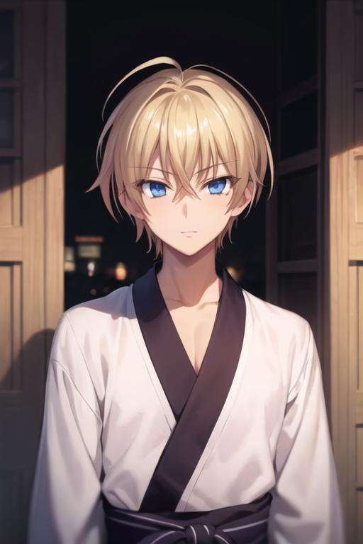 masterpiece, best quality, high quality, 1boy, solo, male focus, looking at viewer, upper body, <lora:yuuto_kiba:0.66>, yuuto_kiba, blonde hair, blue eyes, hair between eyes, , yukata