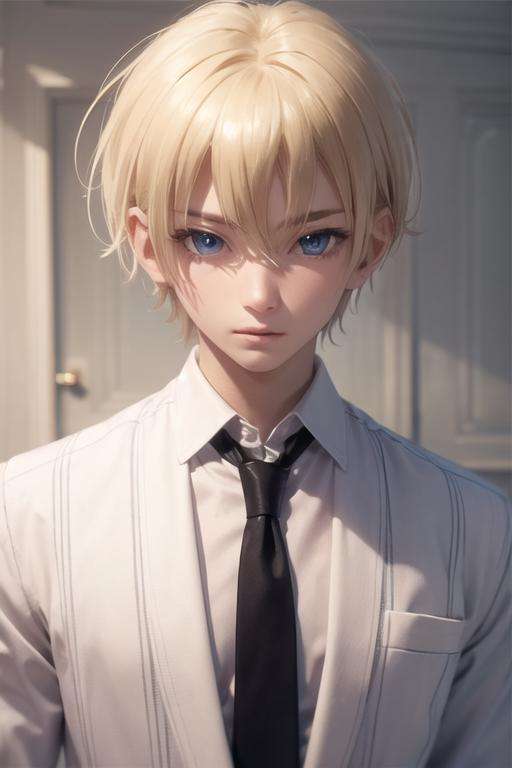 masterpiece, best quality, high quality, 1boy, solo, male focus, looking at viewer, upper body, <lora:yuuto_kiba:0.54>, yuuto_kiba, blonde hair, blue eyes, hair between eyes, , formal, necktie, dress shirt