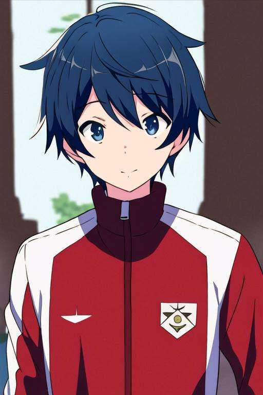 masterpiece, best quality, high quality, 1boy, solo, male focus, looking at viewer, upper body, <lora:touya_mochizuki:0.68>, touya_mochizuki, black hair, blue hair, , track suit